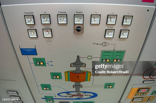 View of the control panels at Bieudron Hydroelectric Power Station on October 3, 2022 near Heremence, Switzerland. Turbines for generating...