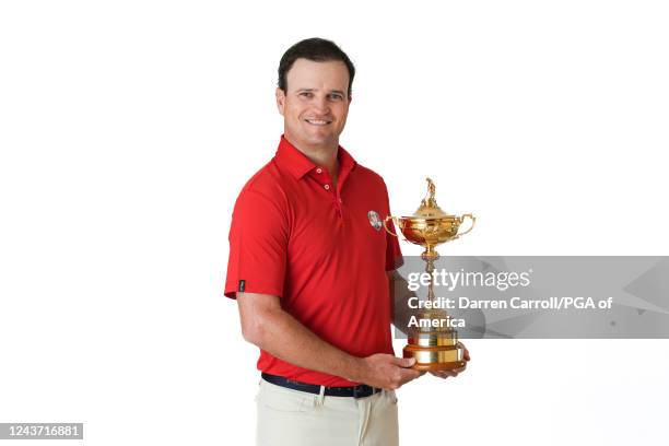 United States Ryder Cup Captain, Zach Johnson poses with the Ryder Cup trophy during the 2023 Ryder Cup Year to Go Celebration at the Rome Cavalieri...