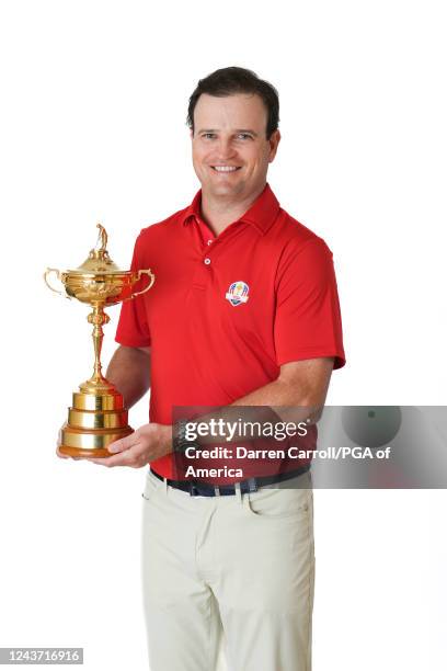 United States Ryder Cup Captain, Zach Johnson poses with the Ryder Cup trophy during the 2023 Ryder Cup Year to Go Celebration at the Rome Cavalieri...