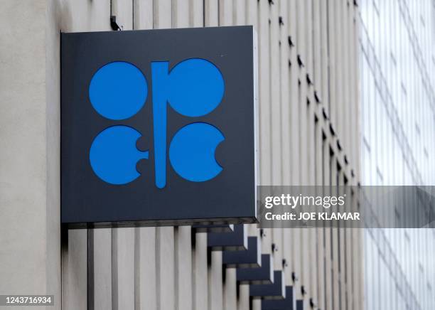 The logo of the OPEC is pictured at the OPEC headquarters on October 4, 2022 on the eve of the 45th Meeting of the Joint Ministerial Monitoring...