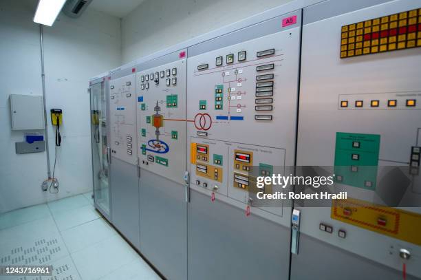 View of the control panels at Bieudron Hydroelectric Power Station on October 3, 2022 near Heremence, Switzerland. Turbines for generating...