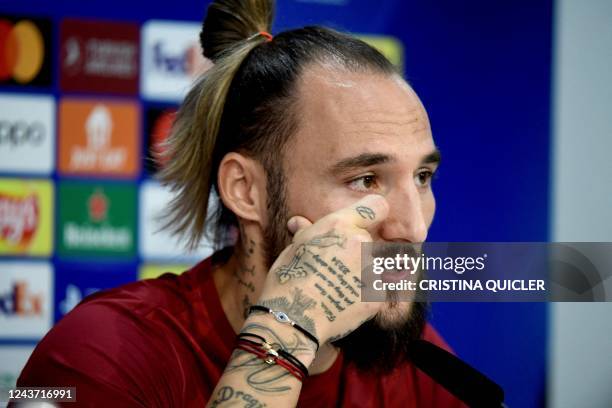 Sevilla's Serbian midfielder Nemanja Gudelj gives a press conference on the eve of their UEFA Champions League 1st round day 3 group G football match...