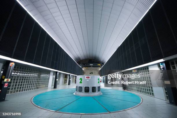 View of turbines control room at Bieudron Hydroelectric Power Station on October 3, 2022 near Heremence, Switzerland. Turbines for generating...