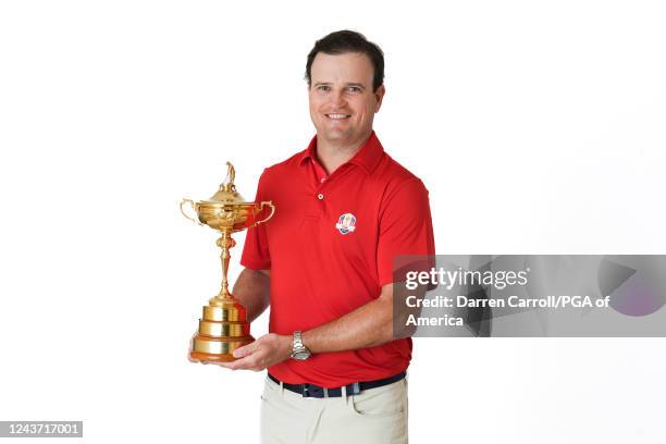 United States Ryder Cup Captain, Zach Johnson poses with the Ryder Cup trophy during the 2023 Ryder Cup Year to Go Celebration at the Rome Cavalieri...