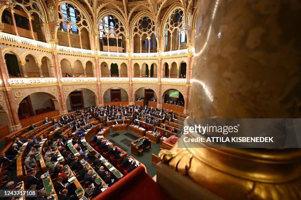 General view taken as the representatives of the Hungarian Parliament vote in the main hall of the parliament building in Budapest on October 04,...