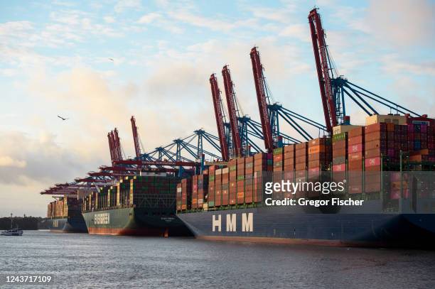 Multiple container ships are docked while the sun sets at Container Terminal Burchardkai at Hamburg Port on October 3, 2022 in Hamburg, Germany. The...