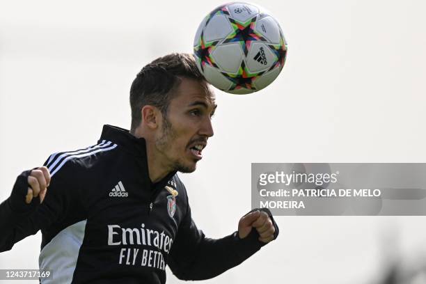 Benfica's Spanish defender Alex Grimaldo attends a training session on the eve of their UEFA Champions League group H football against PSG, at...