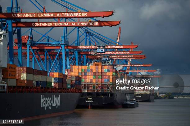 Multiple container ships are docked at Container Terminal Altenwerder at Hamburg Port on October 3, 2022 in Hamburg, Germany. The German economy, and...