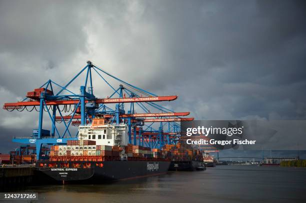 Multiple container ships are docked at Container Terminal Altenwerder at Hamburg Port on October 3, 2022 in Hamburg, Germany. The German economy, and...