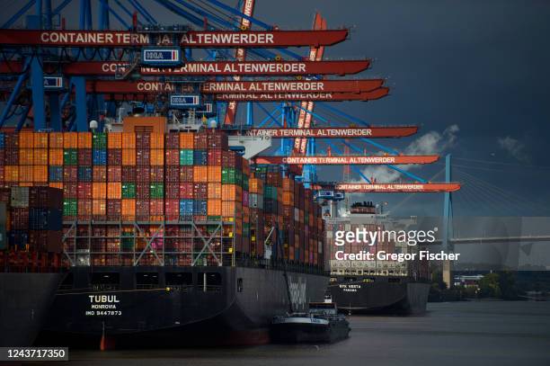 Multiple container ships are docked at Container Terminal Altenwerder at Hamburg Port on October 3, 2022 in Hamburg, Germany. The German economy, and...