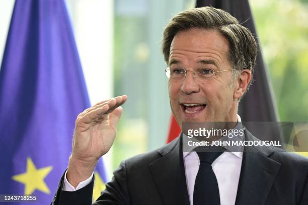 Dutch Prime Minister Mark Rutte gestures during a joint press conference with Germany's Chancellor at the Chancellery in Berlin, on October 4 after a...
