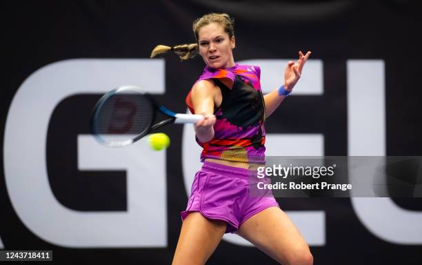Catherine McNally of the United States in action against Anna Blinkova of Russia during her first round match on Day 2 of the Agel Open at Ostravar...