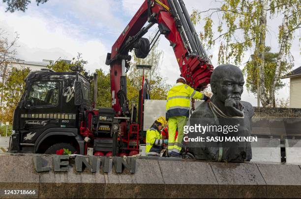 Finland's last monument of former Russian leader Vladimir Ilyich Lenin is being removed from the streets of Kotka, southeast Finland, on October 4,...