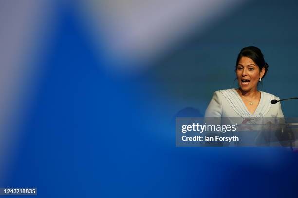 Priti Patel MP speaks at the Conservative Voice - 10th Anniversary Fringe Meeting on the third day of the Conservative Party conference at Birmingham...