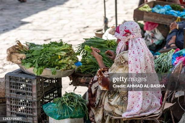 Pedlar sells spring onions in an open-air market in Yemen's third city of Taez on October 4, 2022. - The United Nations envoy for Yemen scrambled...