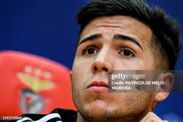 Benfica's Argentine midfielder Enzo Fernandez attends a press conference on the eve of their UEFA Champions League 1st round day 3 group H football...