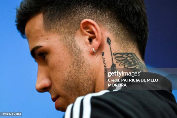 Benfica's Argentine midfielder Enzo Fernandez leaves after a press conference on the eve of their UEFA Champions League 1st round day 3 group H...