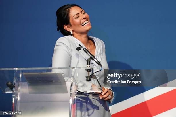 Priti Patel MP speaks at the event Conservative Voice - 10th Anniversary Fringe Meeting on the third day of the Conservative Party conference at...