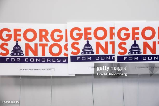 Campaign signs for George Santos, Republican US Representative candidate for New York, at the headquarters in Oyster Bay, New York, US, on Thursday,...