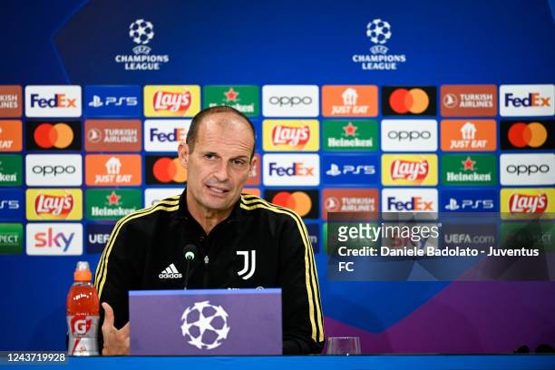 Massimiliano Allegri of Juventus during a press conference ahead of their UEFA Champions League group H match against Maccabi Haifa FC at Allianz...