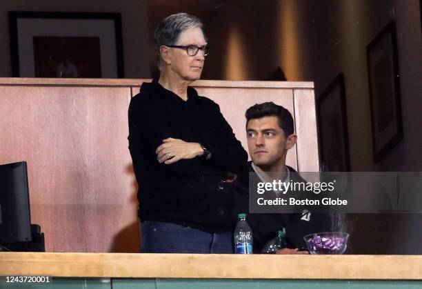 Boston, MA Boston Red Sox Chief baseball officer Chaim Bloom, right, is pictured in the owner's box with team owner John Henry just after the game...