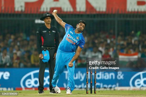 Ravichandran Ashwin of India bowls during the 3rd T20 international match between India and South Africa at Holkar Stadium on October 04, 2022 in...