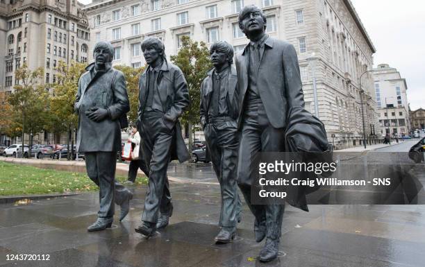 The Beatles statue is pictured in Liverpool ahead of their UEFA Champions League match, on October 04 in Leipzig, Germany.