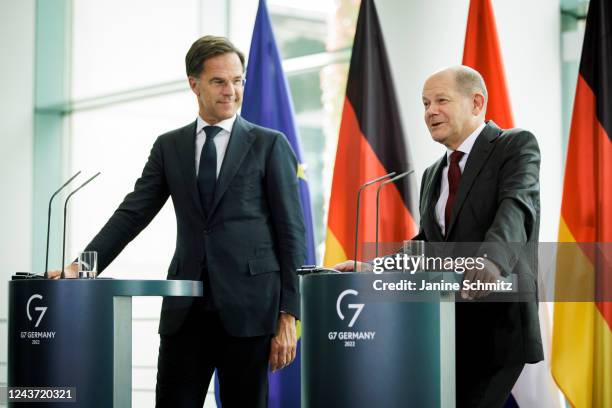 German Chancellor Olaf Scholz and Prime Minister of the Netherlands Mark Rutte are pictured during a press conference following a meeting of the...