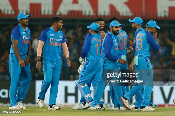 Indian players celebrates the run out of Quinton de Kock during the 3rd T20 international match between India and South Africa at Holkar Stadium on...