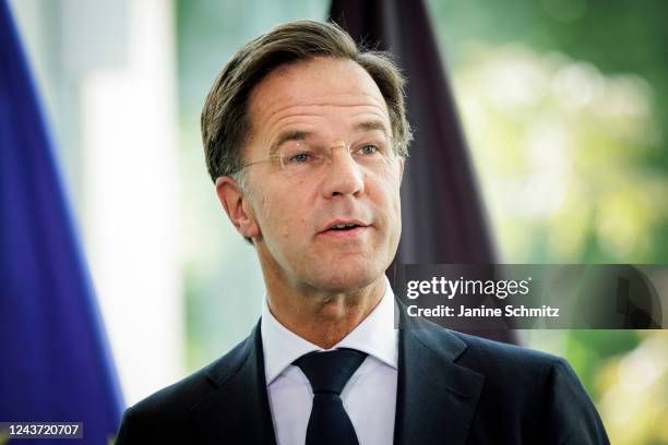 Prime Minister of the Netherlands Mark Rutte is pictured during a press conference following a meeting of the German-Dutch climate cabinet at the...