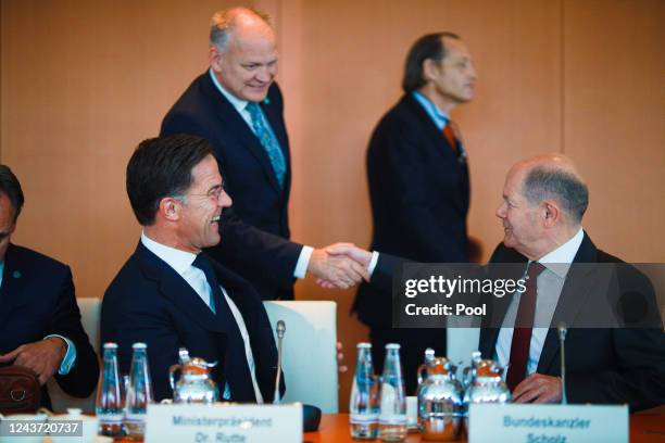 Prime Minister of the Netherlands Mark Rutte and German Chancellor Olaf Scholz attend the German-Dutch climate cabinet at the Chancellery on October...