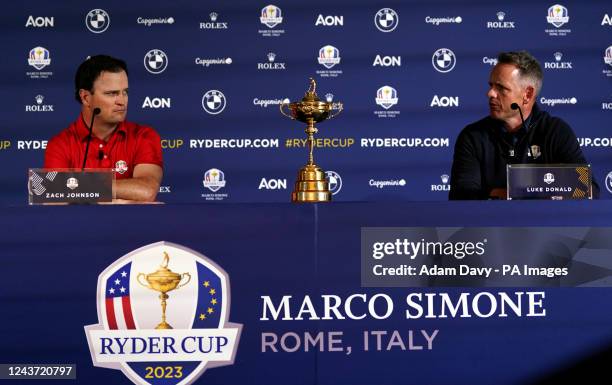 European Ryder Cup captain Luke Donald with USA captain Zach Johnson during a press conference at the Hotel Cavalieri, Rome. The 2023 Ryder Cup will...
