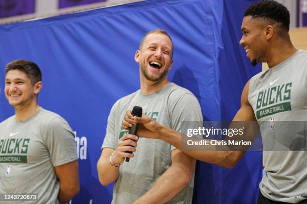 Joe Ingles of the Milwaukee Bucks participates in a JR NBA Cares Clinic as part of 2022 NBA Global Games Abu Dhabi at NYU on October 4, 2022 in Abu...