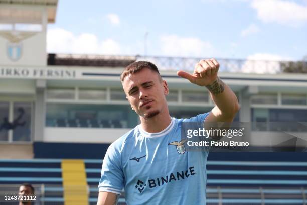 Lazio player Patric reacts during the SS Lazio official team photo at Formello sport centre on October 4, 2022 in Rome, Italy.