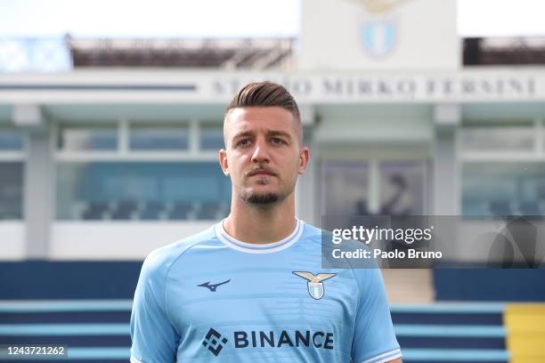 Lazio player Sergej Milinkovic Savic looks on during the SS Lazio official team photo at Formello sport centre on October 4, 2022 in Rome, Italy.