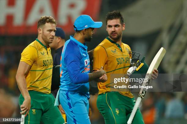 Rilee Rossouw of South Africa greets by Suryakumar Yadav of India during the 3rd T20 international match between India and South Africa at Holkar...