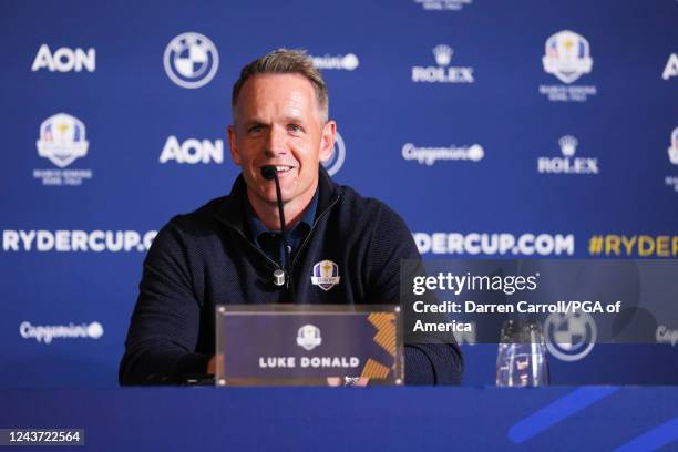 European Ryder Cup Captain, Luke Donald speaks at a press conference during the 2023 Ryder Cup Year to Go Celebration at the Marco Simone Golf Club...