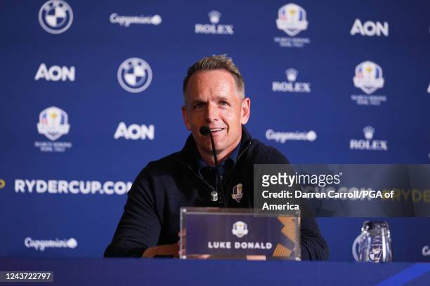 European Ryder Cup Captain, Luke Donald speaks at a press conference during the 2023 Ryder Cup Year to Go Celebration at the Marco Simone Golf Club...