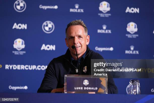 European Ryder Cup Captain, Luke Donald speaks at a press conference during the 2023 Ryder Cup Year to Go Celebration at the Marco Simone Golf Club...