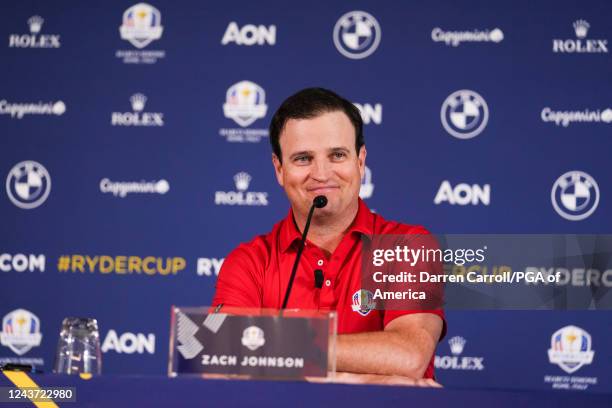 United States Ryder Cup Captain, Zach Johnson speaks at a press conference during the 2023 Ryder Cup Year to Go Celebration at the Rome Cavalieri on...