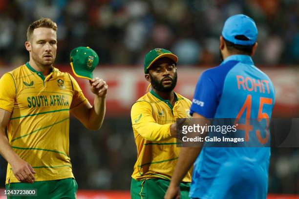 Temba Bavuma of South Africa shakes hands with Rohit Sharma of India after the 3rd T20 international match between India and South Africa at Holkar...