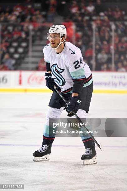 Seattle Kraken Defenceman Jamie Oleksiak in action during the first period of an NHL pre-season game between the Calgary Flames and the Seattle...