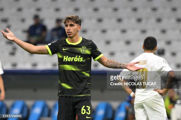Sporting Lisbon's Spanish defender Jose Martinez Marsa reacts during the UEFA Champions League group D, football match between Olympique Marseille...