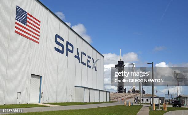 View of the SpaceX processing facility and launch pad 39A and their Falcon 9 rocket with Crew Dragon capsule, on the eve of the Crew-5 mission at the...