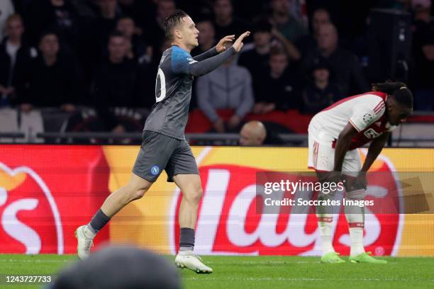 Piotr Zielinski of SSC Napoli celebrates 1-3 during the UEFA Champions League match between Ajax v Napoli at the Johan Cruijff Arena on October 4,...