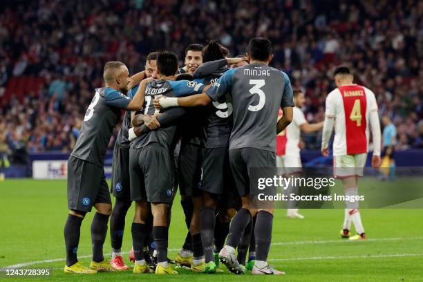 Giacomo Raspadori of SSC Napoli celebrates 1-4 with Tanguy Ndombele of SSC Napoli, Andre Frank Zambo Anguissa of SSC Napoli, Amir Rrahmani of SSC...