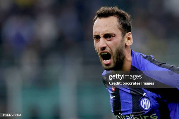 Hakan Calhanoglu of FC Internazionale celebrates 1-0 during the UEFA Champions League match between Internazionale v FC Barcelona at the San Siro on...