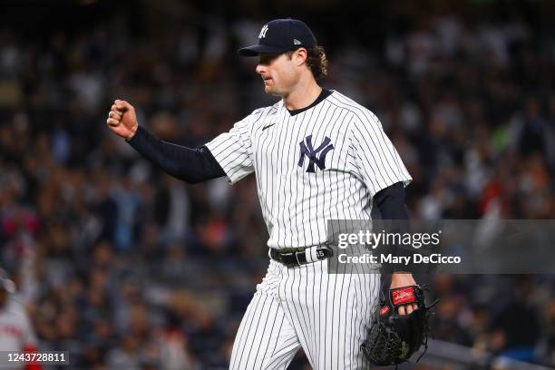 Gerrit Cole of the New York Yankees reacts during the game between the Boston Red Sox and the New York Yankees at Yankee Stadium on Friday, September...
