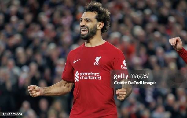 Mohamed Salah of Liverpool FC celebrates after scoring his team's second goal during the UEFA Champions League group A match between Liverpool FC and...