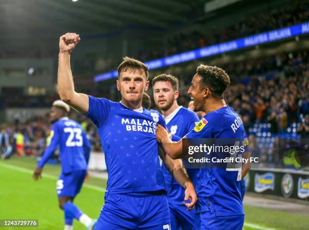 Mark Harris and Callum Robinson of Cardiff City FC celebrate his goal during the Sky Bet Championship between Cardiff City and Blackburn Rovers at...